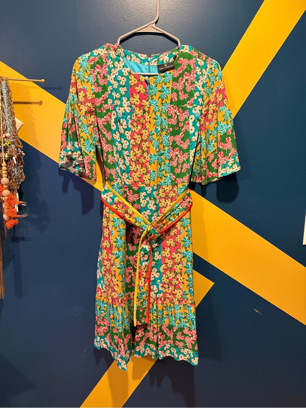 Emily Lovelock Multi Floral Short Sleeve Belted Mini Dress NWOT